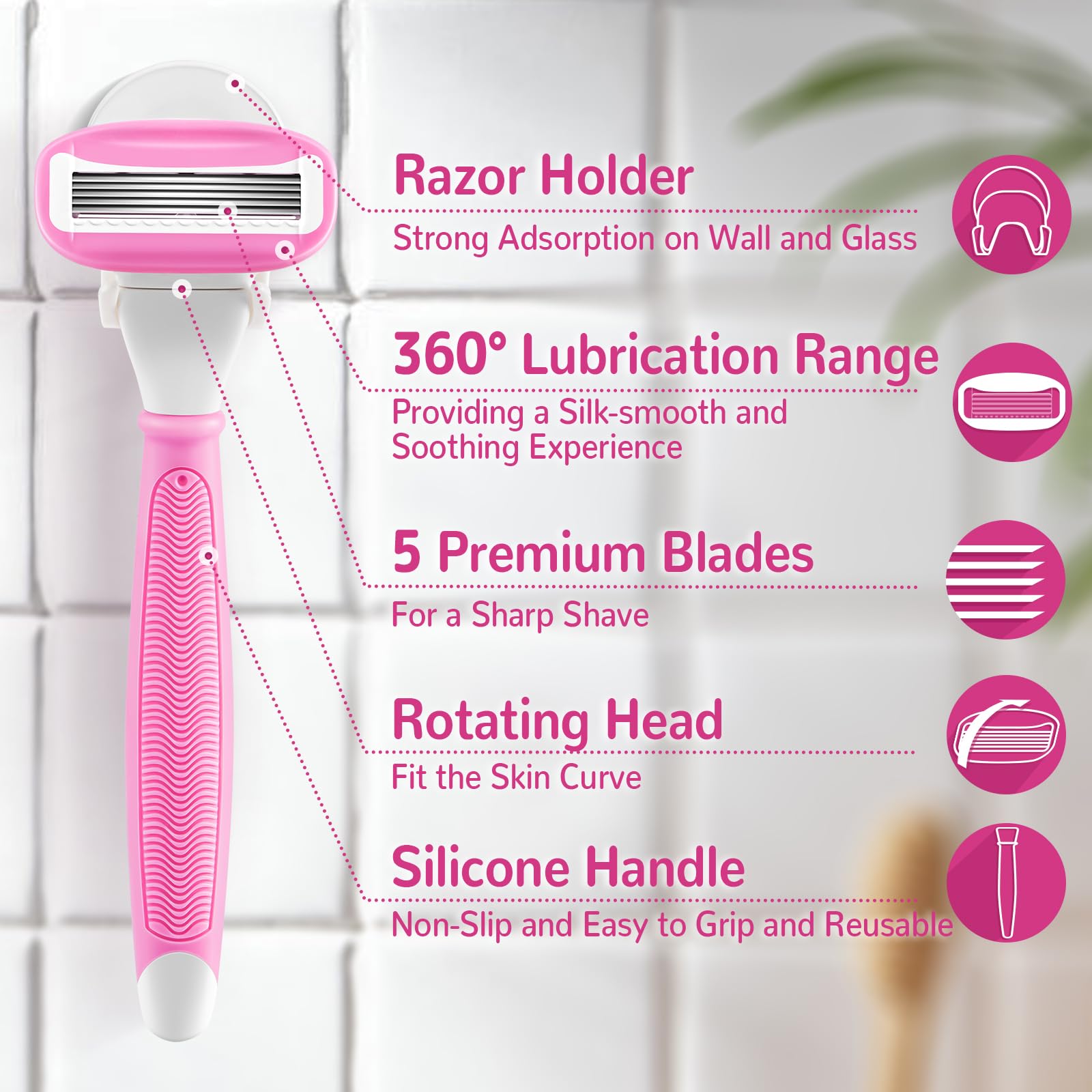 Razors for Women Include 1 Handle and 7 Cartridges, Disposable Razor with 360° Lubrication Reduces Irritation, Pink
