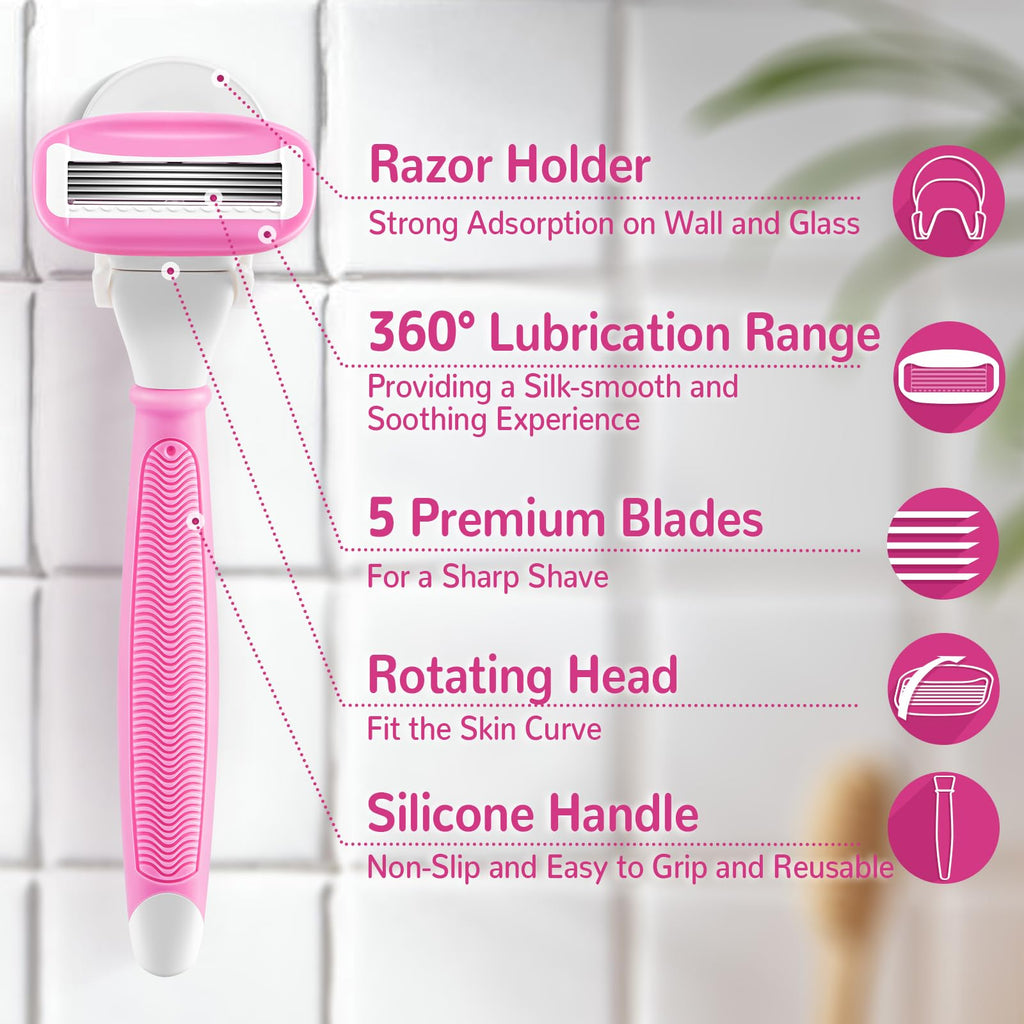 Razors for Women Include 2 Non-Slip Handles and 14 Blade Refills with a Shower Holder, 5 Premium Blades Women's Razors for Shaving with 360° Lubrication Reduces Irritation, Pink
