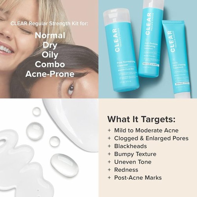 Paula's Choice CLEAR Acne Treatment Kit - Daily Cleanser, 2% Salicylic Acid & Benzoyl Peroxide | Fragrance-Free 3-Piece Set
