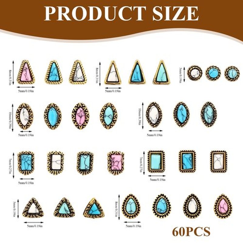 60 Pcs Turquoise Nail Charms Western Cowboy Nail Gems Charms 30 Styles Available, Western Retro, Suitable for Jewelry Making, Mobile Phone Cases, Pendants (White, Blue, Green, Pink)