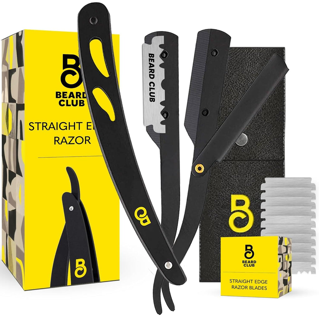 The Beard Club Straight Razor for Men - Navajas Para Barbero - Barber Straight Edge Razor Kit - Premium Single Derby Blade Cutthroat With 10 Replaceable Stainless Steel Blades & Leather Case