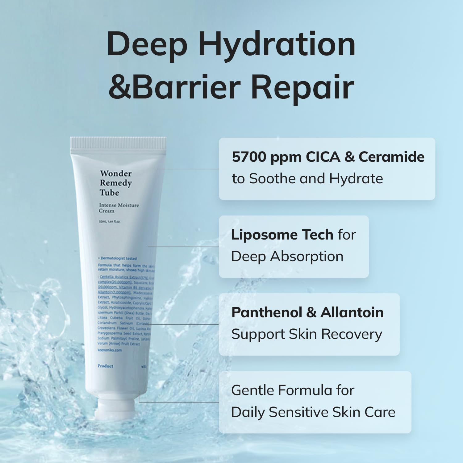keenoniks Hydrating & Barrier-Repair Cream for Dry & Sensitive Skin – Korean Moisturizer with CICA & Ceramide – 50ml (1.69 fl oz)