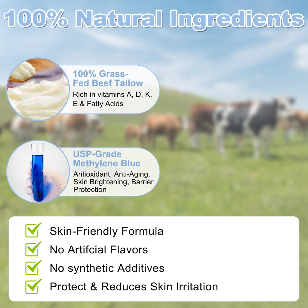 Methylene Blue Infused Grass-Fed Beef Tallow Skin Balm, Methylene Blue Cream for Full-body Deep Hydration, Fine Fine Reduction, Anti-Aging, Eczema, Acne & Brightening, for All Skin Types, 3.53 oz