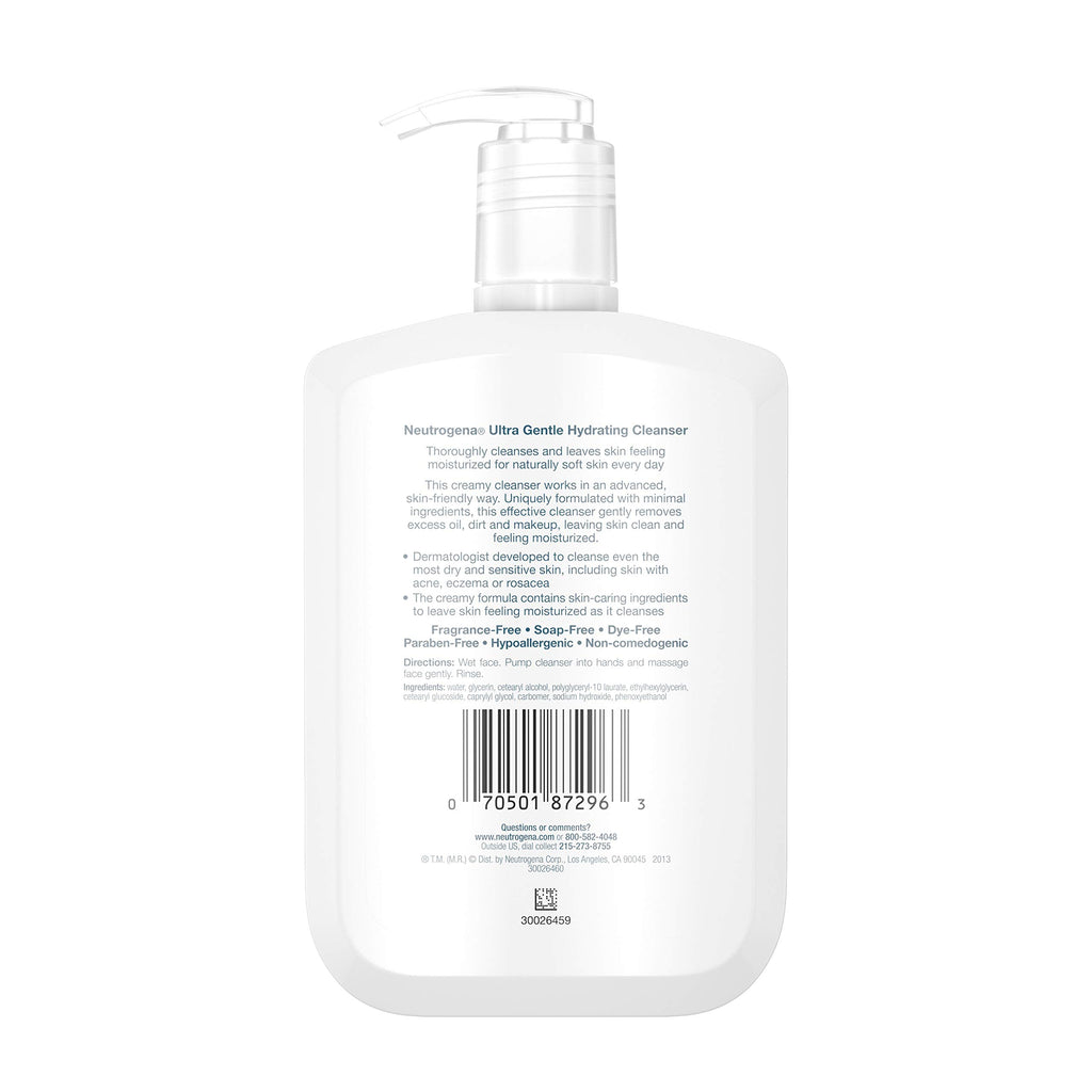 Neutrogena Ultra Gentle Hydrating Facial Cleanser, Non-Foaming Face Wash for Sensitive Skin, Gently Cleanses Face Without Over Drying, Oil, Soap & Fragrance-Free, 12 fl. oz