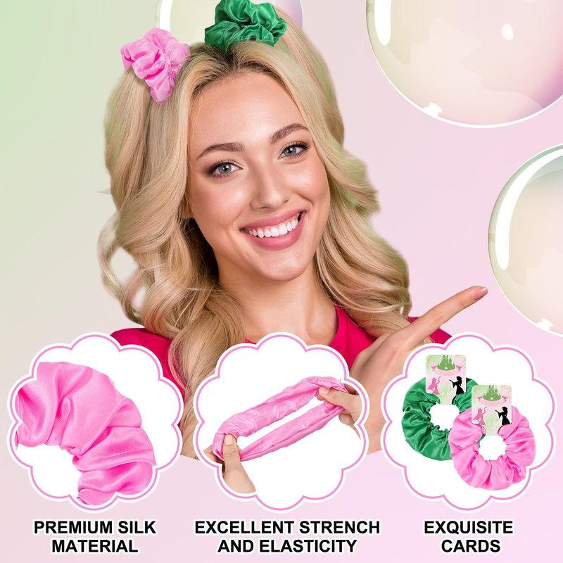 Yuxung 24 Pcs Pink and Green Silk Hair Scrunchies with Quote Card Witch Party Favor Soft Hair Tie, Ponytail Holder, Elastic Bobbles Ropes Hair Accessories Crown Witch Movie Fan Gift for Girls Women