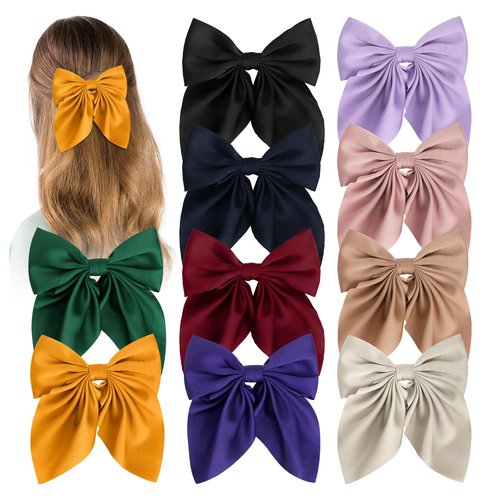 Silky Satin Oversized Long Tail Bowknot Hair Accessories - 10Pcs Large Metal Barrettes with Aesthetic Hair Clips for Women
