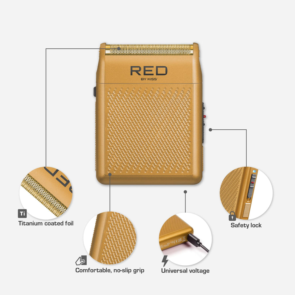 RED by Kiss Cordless Mini Shaver for Men, Compact High-Precision, Quick USB-C Charging, Non-Slip Grip, Long-Lasting Battery, Travel-Friendly Design, Powerful Motor for Efficient Shaving (Gold)