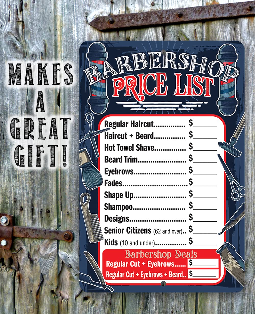 Barbershop Price List - Durable Metal Sign - Use Indoor/Outdoor - Makes a Great Barbershop Decor and Gift for Salon Business Owners - Great Barber Shop Accessories (12" x 18")