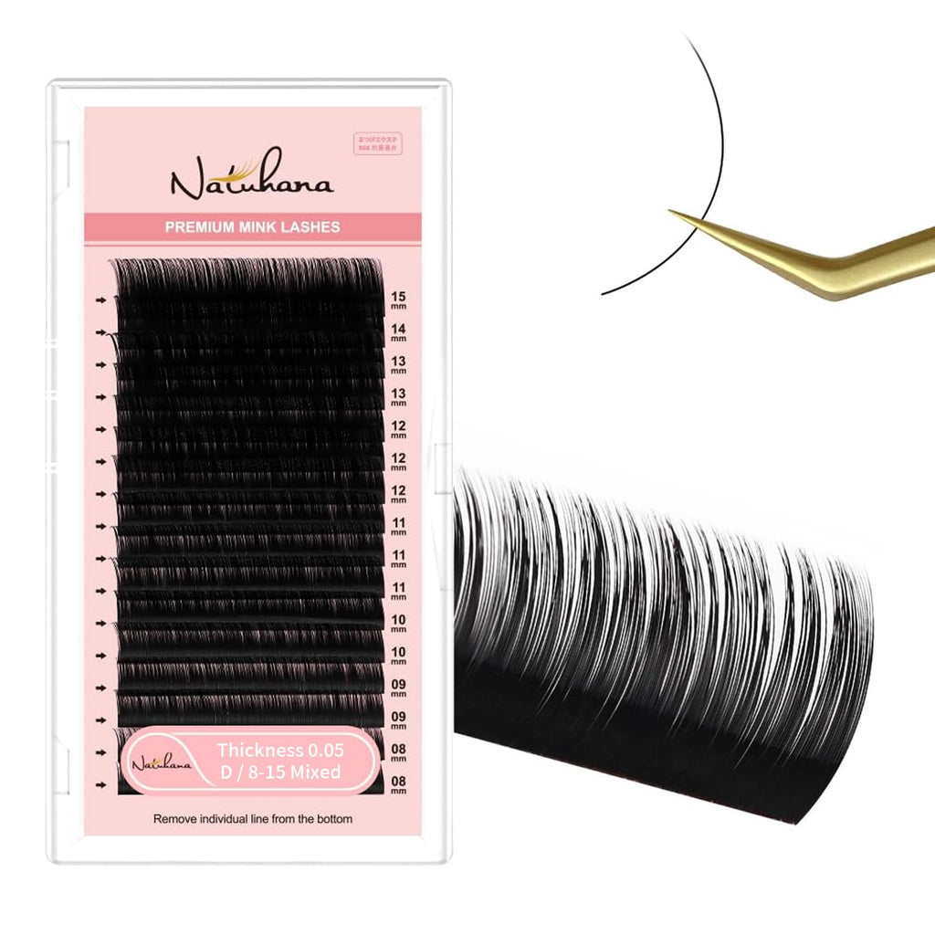 NATUHANA Classic Volume Eyelash Extension 0.05mm D Curl 8-15mm Single Length Tray Black Soft Individual Lashes 16 Rows, Professional Supplies for Lash Techs(0.05 D, 8-15 Mix)