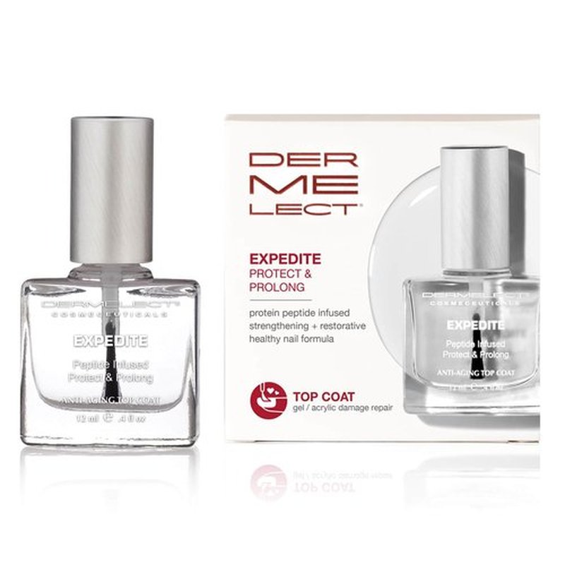 Dermelect Expedite Protect & Prolong Top Coat with Keratin Protein Peptides Strengthening, Hardening Protective High Shine, Quick Dry, Chip Free Treatment for Gel and Acrylic Damaged Nails 0.4 oz
