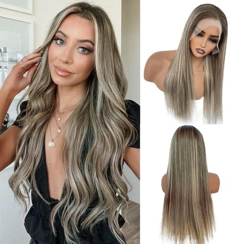 Munx Ombre Highlight Ash Blonde Lace Front Wigs Human Hair, 13x6 HD Straight Lace Front Wigs Pre Plucked Balayage Glueless 180% Density Full Ends Wig Brown Roots Highlighted Human Hair Wig 20"