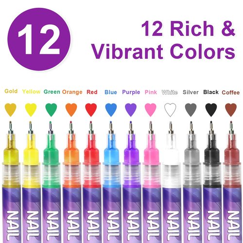 12 Color Nail Art Pens,0.5 MM Diy Nail Art Markers for Painting Nails,Quick-drying & Waterproof Acrylic Ink Nail polish Pens