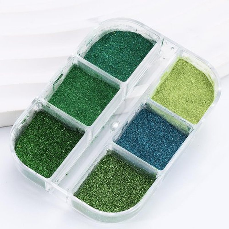6 Grid Green Chrome Nail Powder, Iridescent Aurora Pearl Powder Metallic Mirror Effect Pigment Pearlescent Mermaid Pigment Pearl Glitter Dust Kit, Nail Art Decoration, Resin Craft (05_Green)
