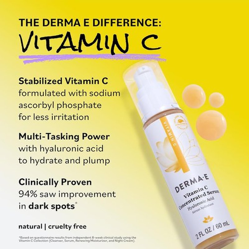 DERMA E Vitamin C Serum - Hydrating & Brightening Formula with Hyaluronic Acid | 2 Oz, All Natural