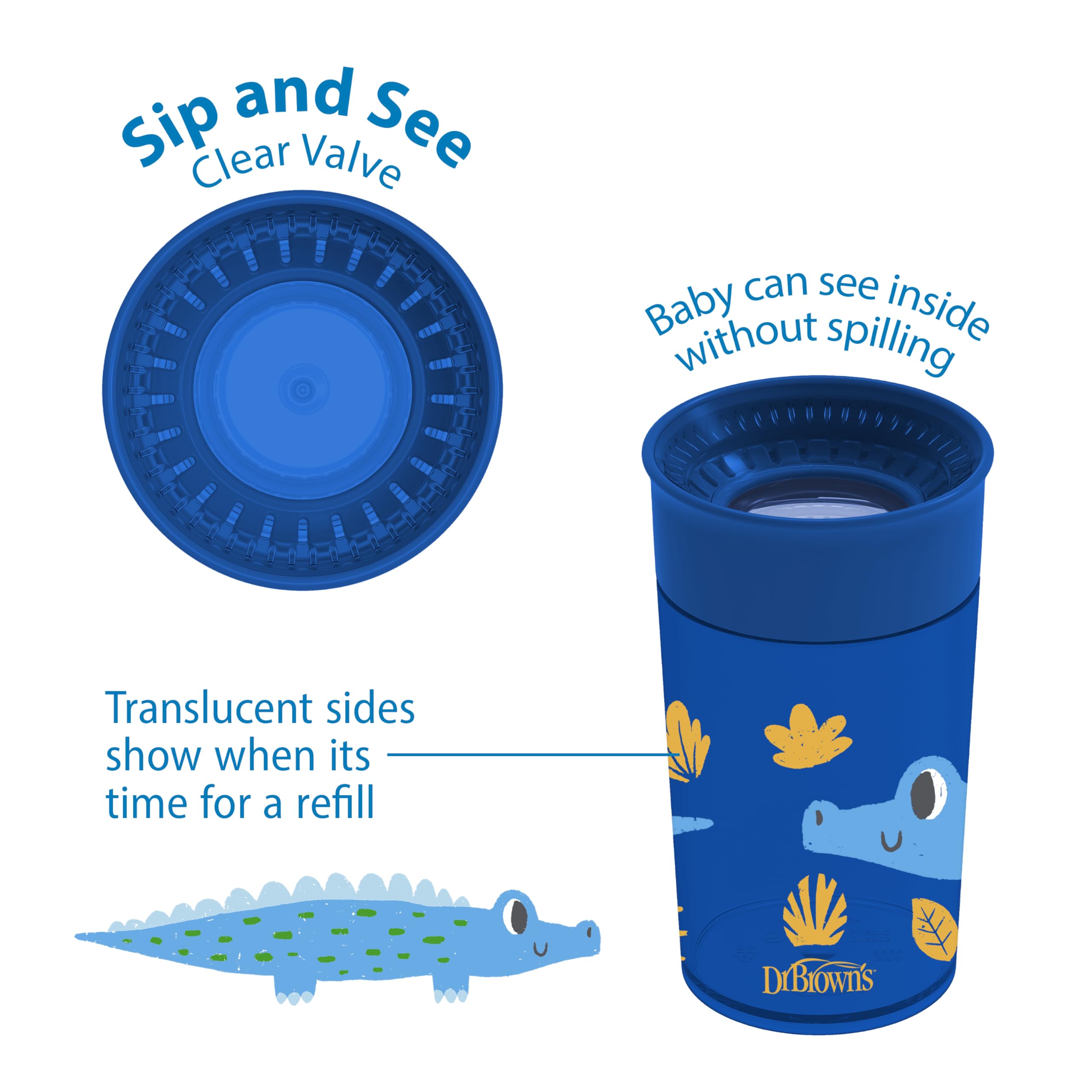 Dr. Brown's Milestones Cheers 360 Spoutless Transition Cup, Travel Friendly and Leak-Free Sippy, Blue/Green Animals, 10 oz/300 mL, BPA-Free, 9m+, 2-Pack