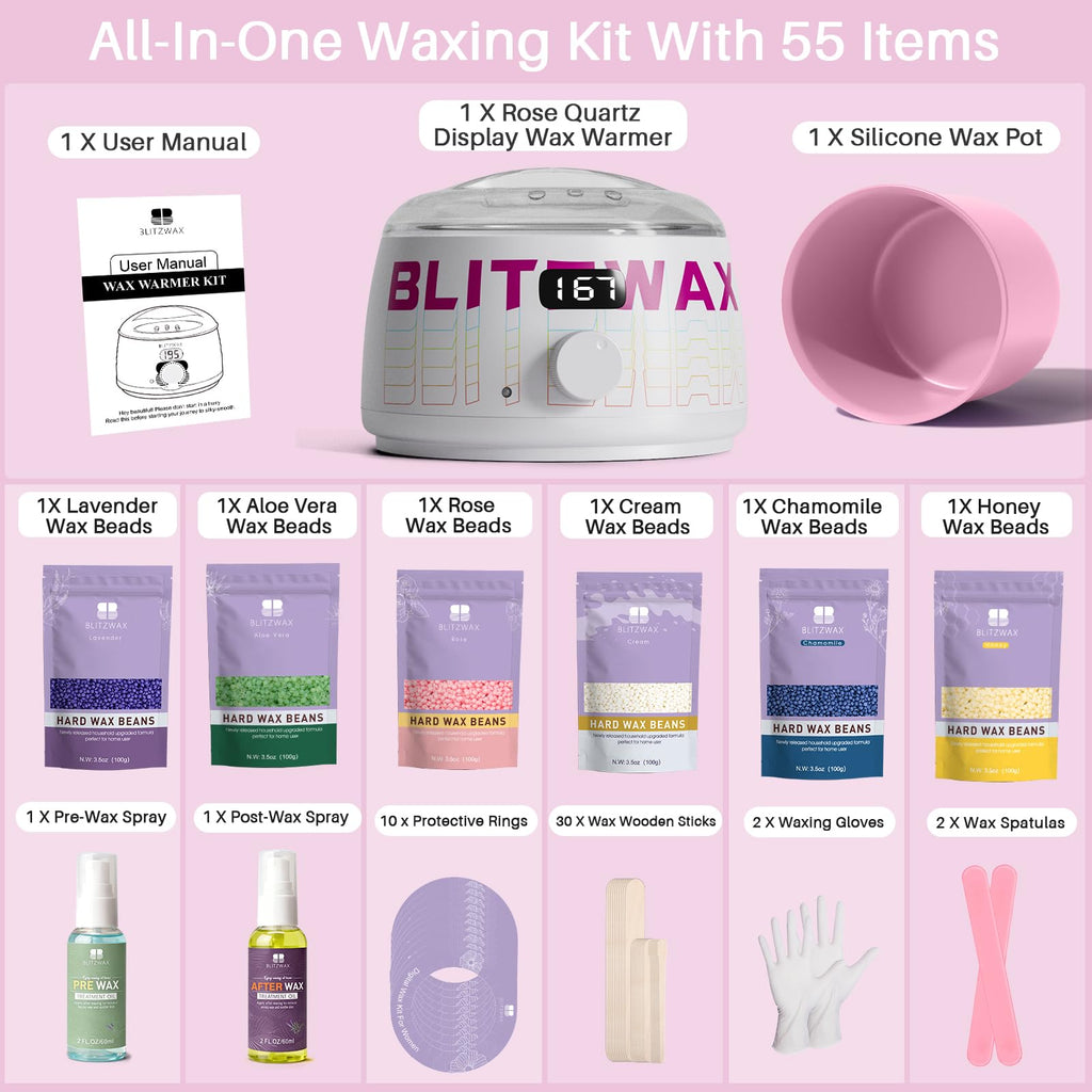 BLITZWAX Brazilian and Bikini Waxing Kit for Women, Hard Wax Warmer for Face, Legs, and Body, At Home Hair Removal Kit, Beginner Friendly, Quick Heating, Frost Reverb Digital Wax Pot