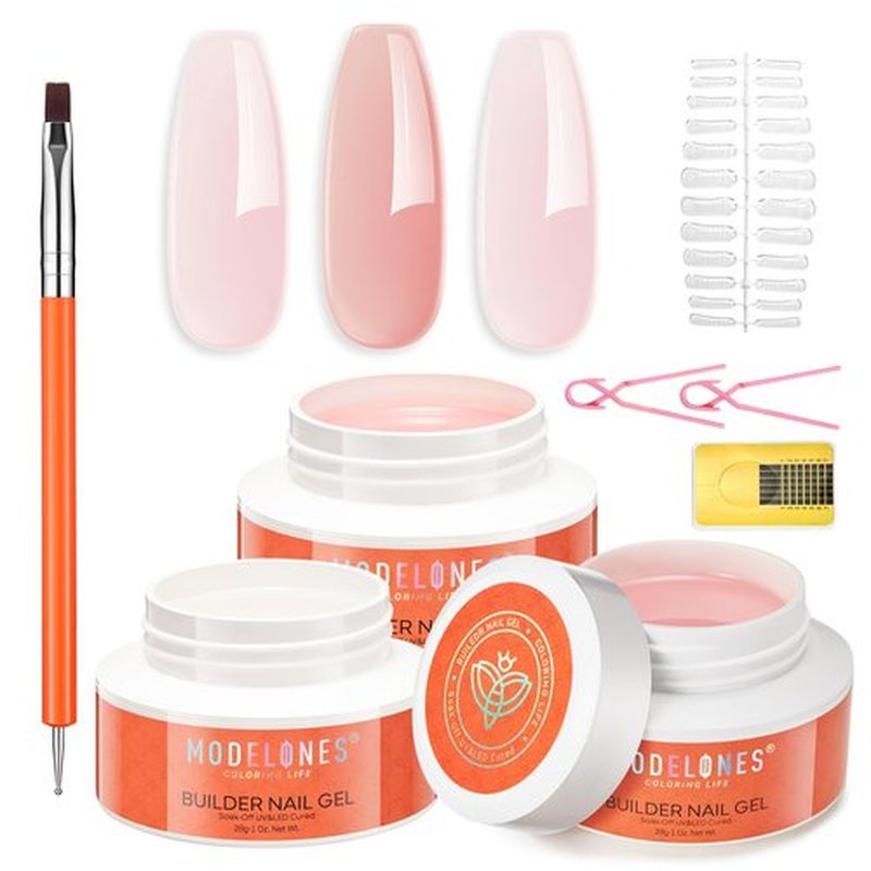 modelones Builder Nail Gel 3 Colors, Clear Nude Pink Builder Hard Gel Nail Kit with Dual End Brush, Acrylic Clamps, 100PCS Paper Forms for Building Sculpting LED Cured Extension Apex