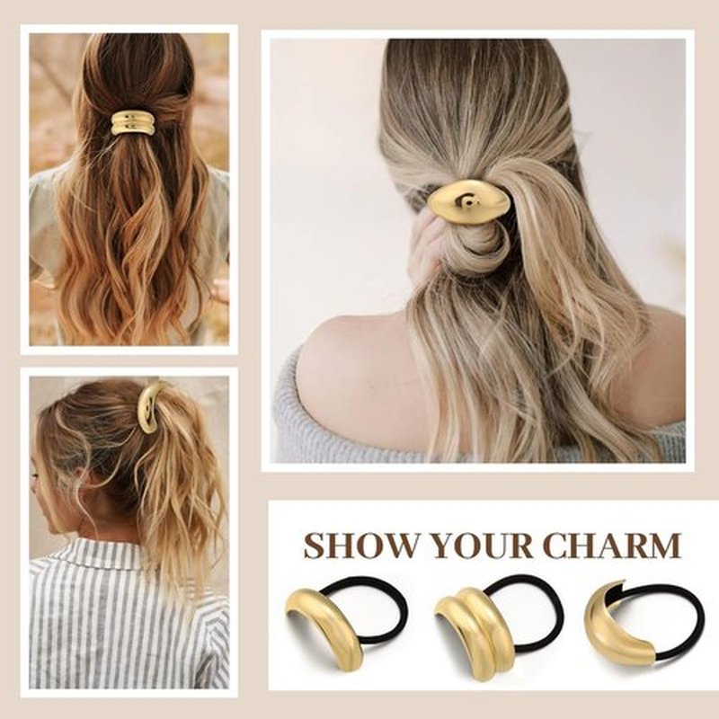 3PCS Gold Hair Ties, Metal Hair Ties for Thick Hair, Elegant Durable Geometric Design, Gold Hair Accessories Stretchy and Non-Damage Ponytail Cuff Holders, 3 Styles in Box Holiday Gifts