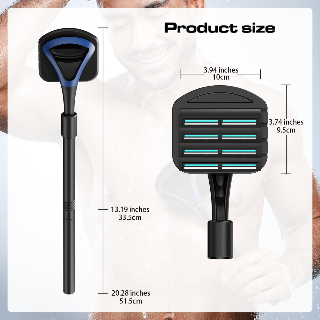 ZOMU Back Shavers for Men:Back Hair Shaver and Body Shavers for Men with Safety Blade Technology & Ergonomic DIY Long Handle, Wet or Dry Shaving,Blue (Replaceable 8PCS 3.5inch Blades Included)