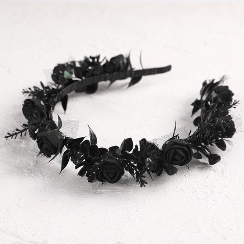 KorViSHOW Black Floral Headpiece - Women's Elegant Lace Foam Rose Headband With Flowers for Hair Accessories, Wedding, Party, Birthday Gift, Photo Props