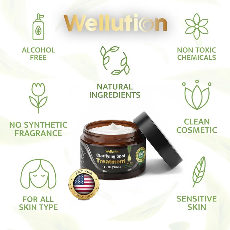 WELLUTION Cystic Acne Spot Treatment - Fast-Acting Tea Tree Acne Cream for Pimples & Blemishes - 1oz