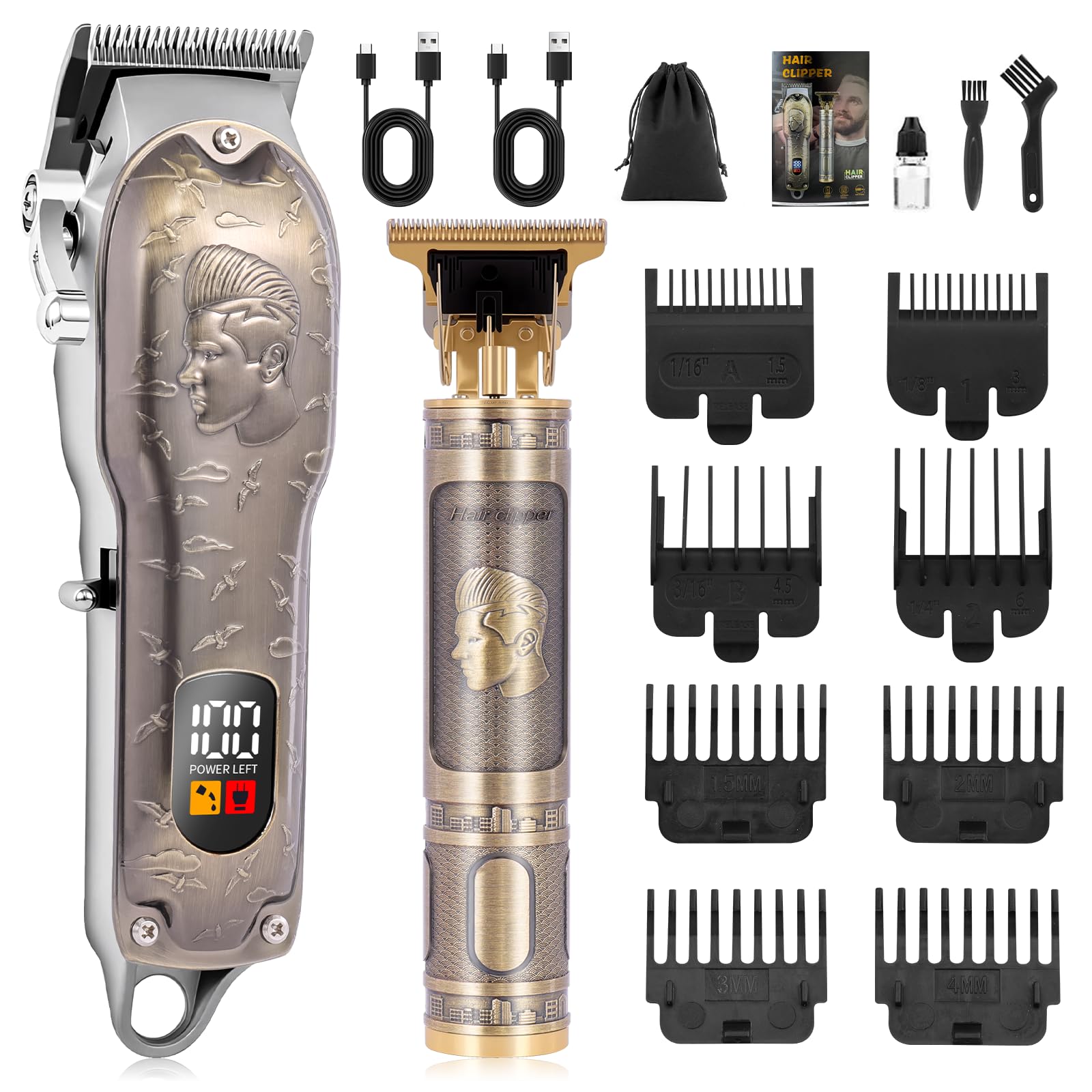 Professional Hair Clipper Set Men's Cordless Hair Clipper T-Shaped Blade Beard Trimmer Nose Hair Trimmer Electric Shaver Rechargeable Professional Hair Trimmer Set (Bronze)
