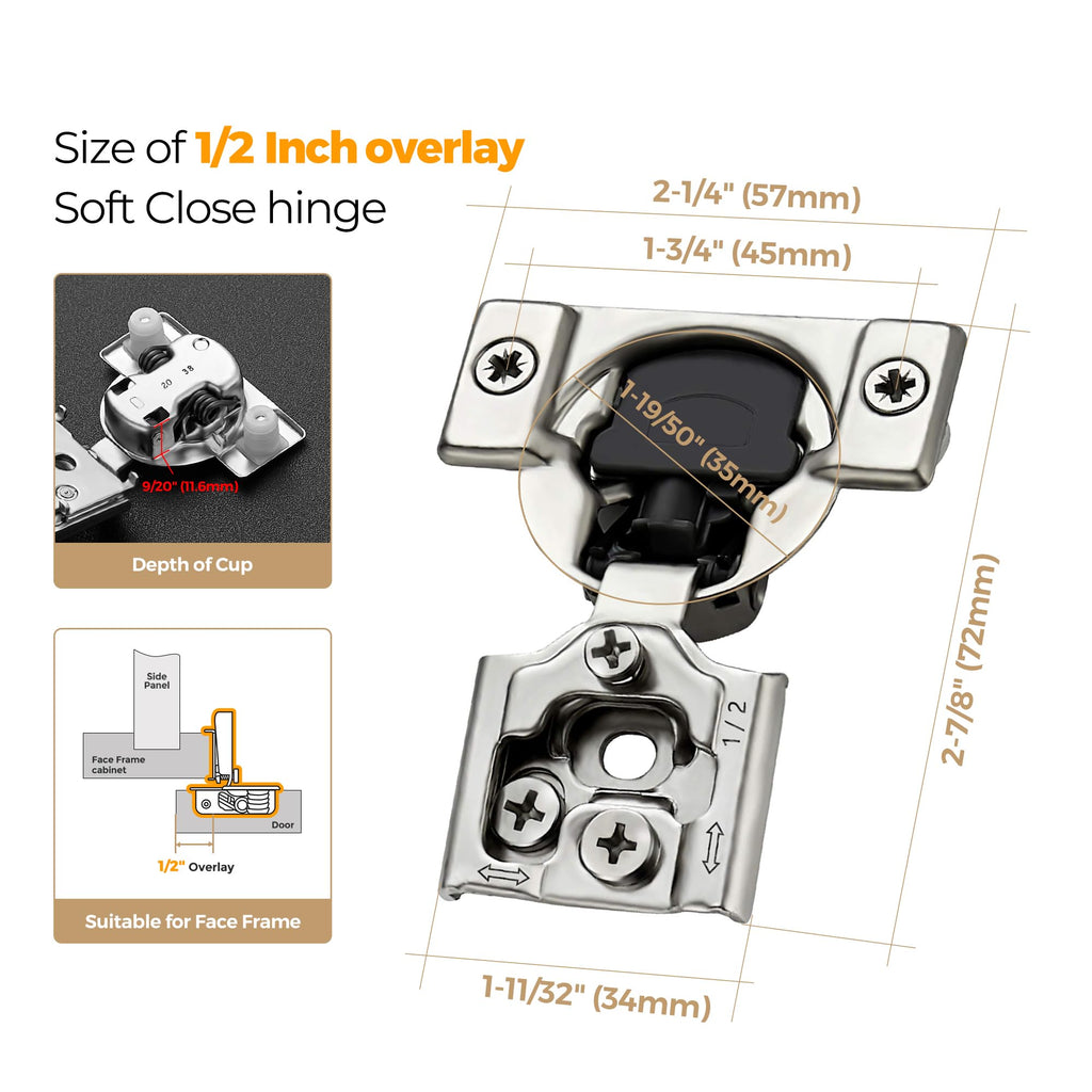 Soft Close Hinges for Kitchen Cabinet Hinges, 1/2 Inch Overlay, 60 Pack