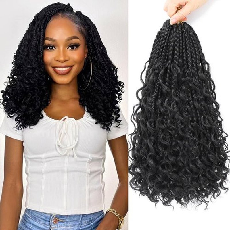 Goddess Box Braids Crochet Hair For Black Women-12 Inch 8 pack Pre Looped Boho Crochet Braids Short Prelooped Bohemian Boho Box Crochet Hair With Curly Ends（12in,#1b）