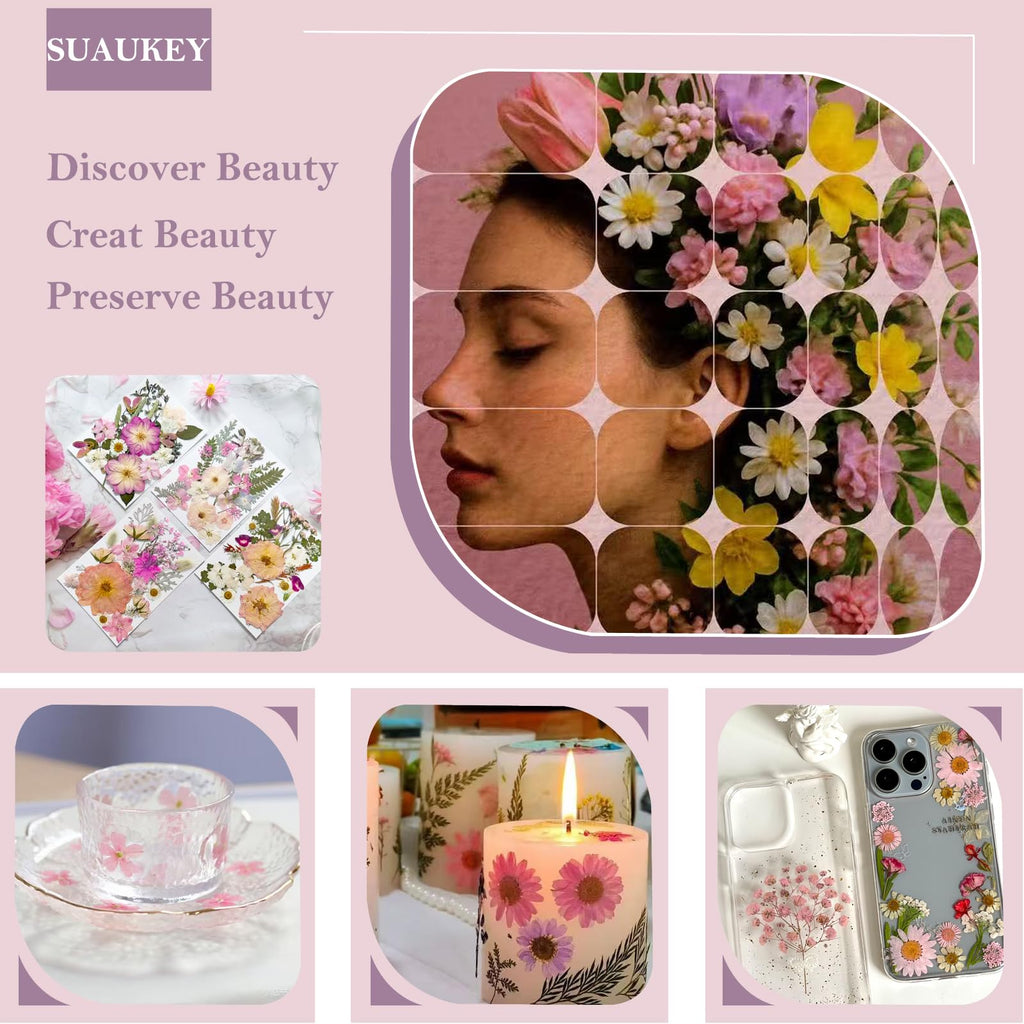 SUAUKEY 92 Pcs Pink Pressed Dried Flowers for Resin, Real Natural Bulk Dry Wildflowers Leaves Perfect for Epoxy Molds, DIY Crafts, Soap Candles Jewelry Making, and Home Decor