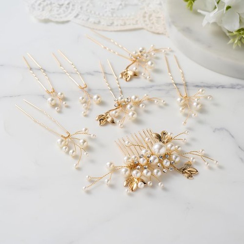 SWEETV Bridal Wedding Hair Accessories Set of 7, Pearl Wedding Hair Comb Rhinestone HairPins Leaf HairPieces Elegant Bridal Headpieces Accessories for Brides Bridesmaids Women Girls