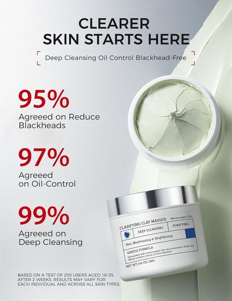 Ning Dermologie Clay Mask - Triple Mud Formula for Sensitive Skin, Deep Cleans Pores & Reduces Acne - 3.88 Oz