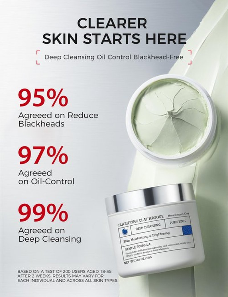 NING DERMOLOGIE Clay Mask for Face & Sensitive Skin: Triple Mud Formula Deep Cleans Pores Reduces Acne Balances Oil & Improves Texture - 3.88 Oz
