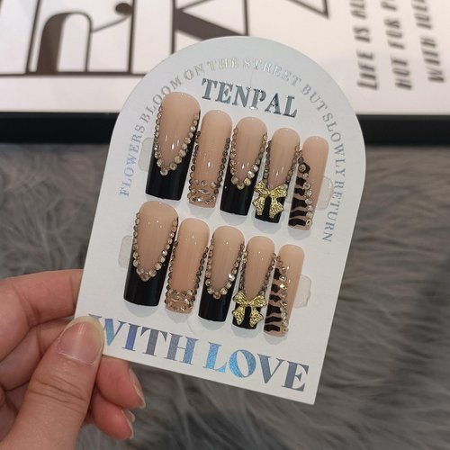 TENPAL Long Square Press On Nails,Shimmery French Tip Designs Gold Black Fake Nails,Full Rhinestone/Zebra Striped Edges/Alloy Bow False Nail Tips,24pcs Reusable Artificial Nails Kits,Sweet Y2k Nails