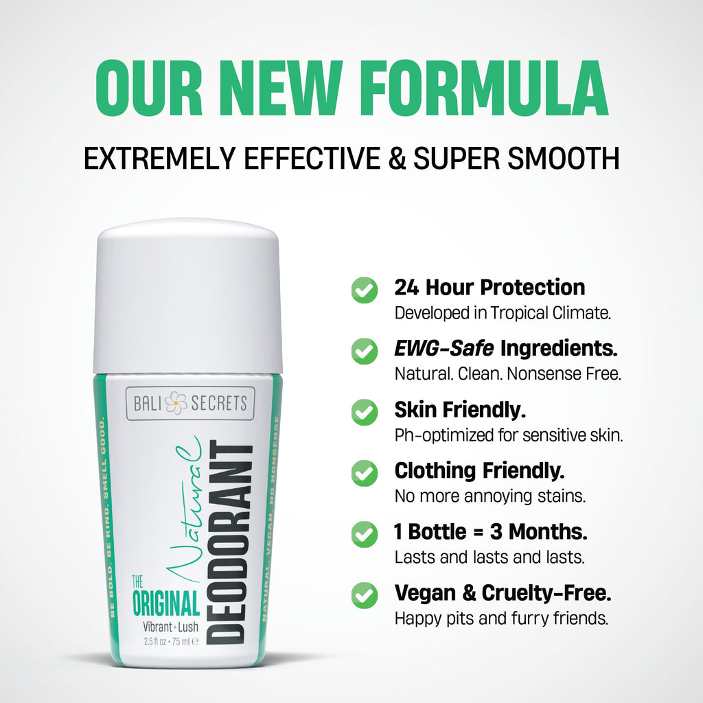 Bali Secrets The New Formula Natural Deodorant for Women & Men. Nonsense Free. Clean Formula for Sensitive Skin. Strong & Reliable Odor Protection. No Synthetic Aluminum. Organic & Vegan THE ORIGINAL