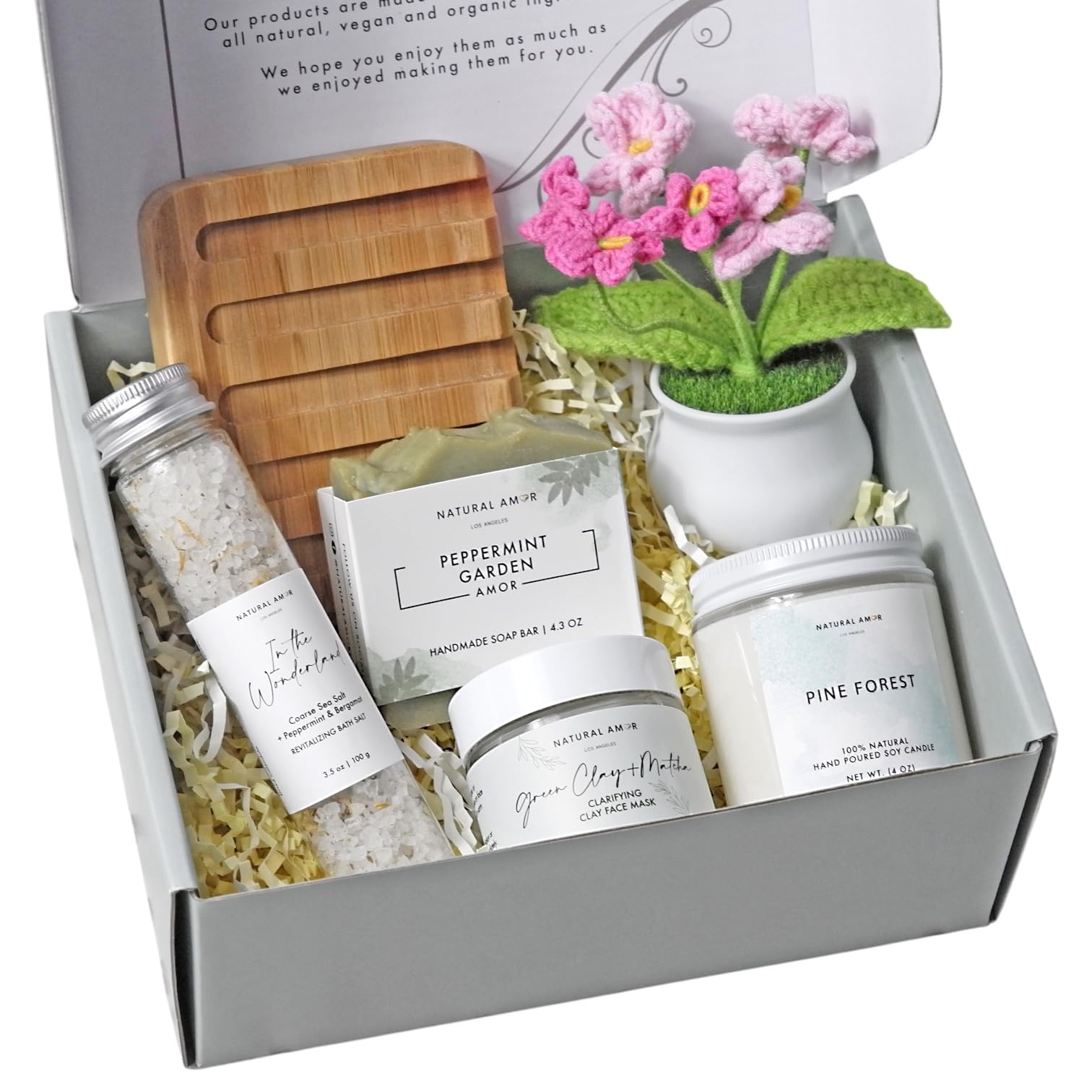 Natural Amor Spa Gift Set for Women – Handmade Soap, Bath Salt, Clay Mask & Candle with Bamboo Soap Dish, Relaxation Self Care Gift Box, Birthday Mothers Day Gift for Her