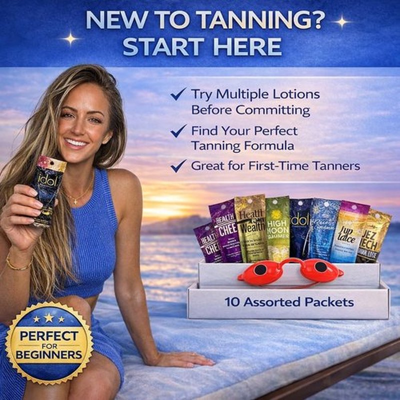10 Pack of Tanning Bed Lotion Packets + Eyewear – The Tan Box, Best Indoor UV or Outdoor Sun Cream, Dark Accelerator with Goggles (0.5 oz each)