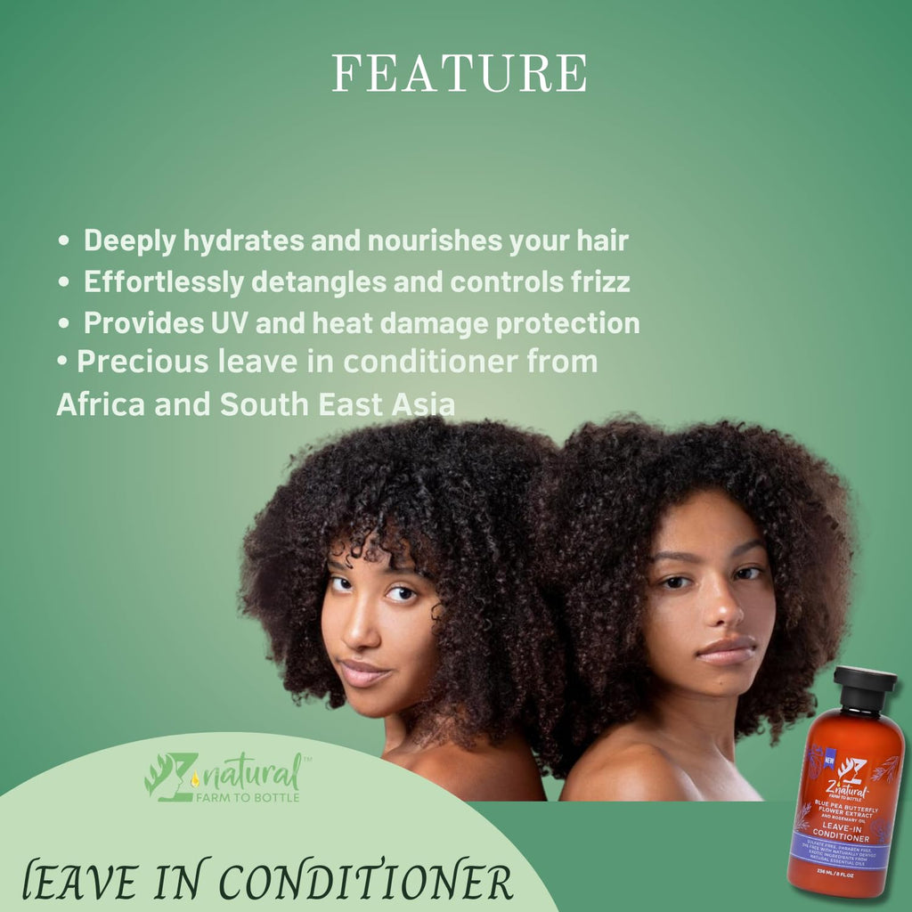 Z’Natural Leave-In Conditioner for Curly Hair - Deep Moisture & Detangling - Natural Blue Pea, Aloe Vera & Argan Oil - Sulfate & Paraben Free - 236ml