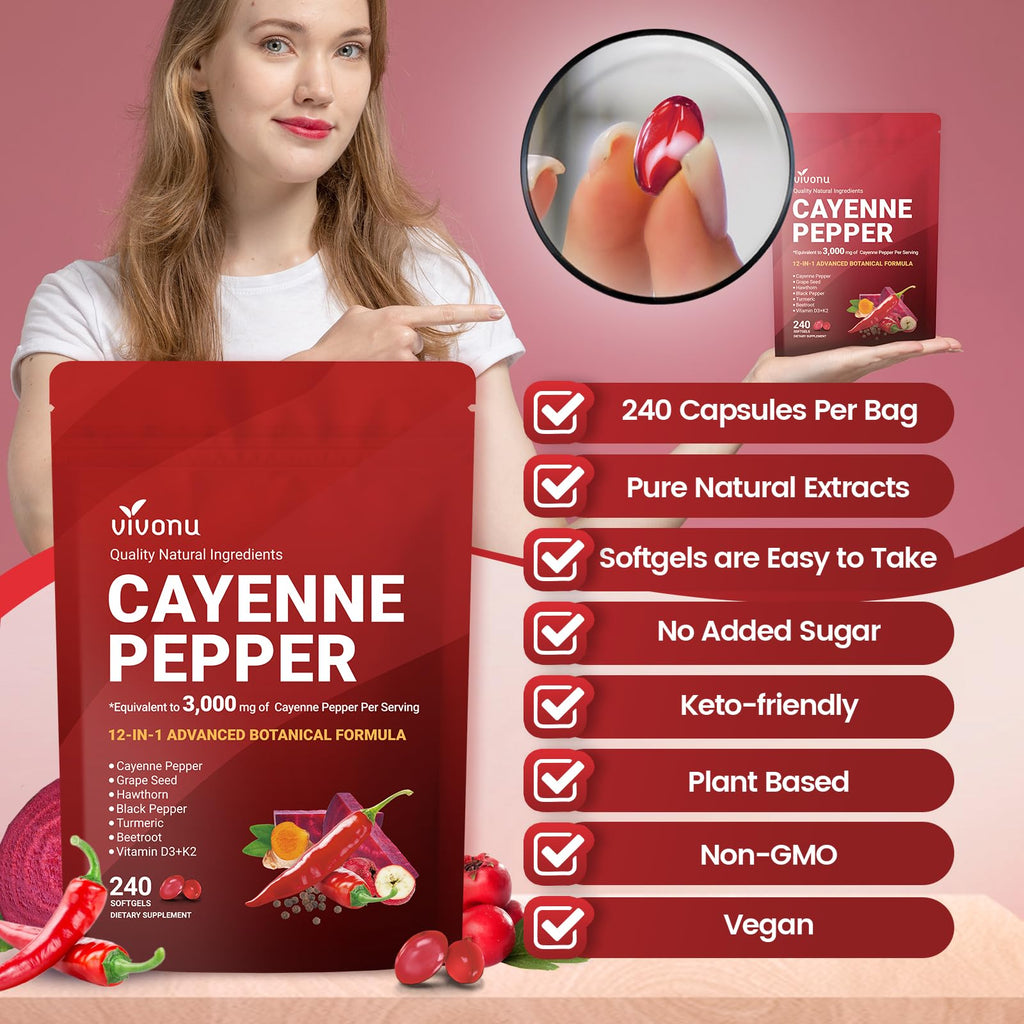 Cayenne Pepper Softgels Supplement, Supports Leg Vein, Heart and Blood Vessel Health, with Vitamin E D3+K2 and Extracts of Grape Seed, Hawthorn, Beetroot, Berberine and Others (Softgels / 1 Bag)