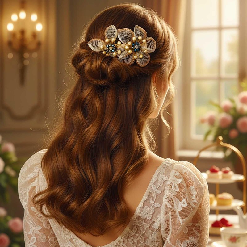 Yokawe Crystal Flower Hair Clip, Gold Mesh Design with Pearl Beads, Wedding Hair Accessory, Double Floral Barrette