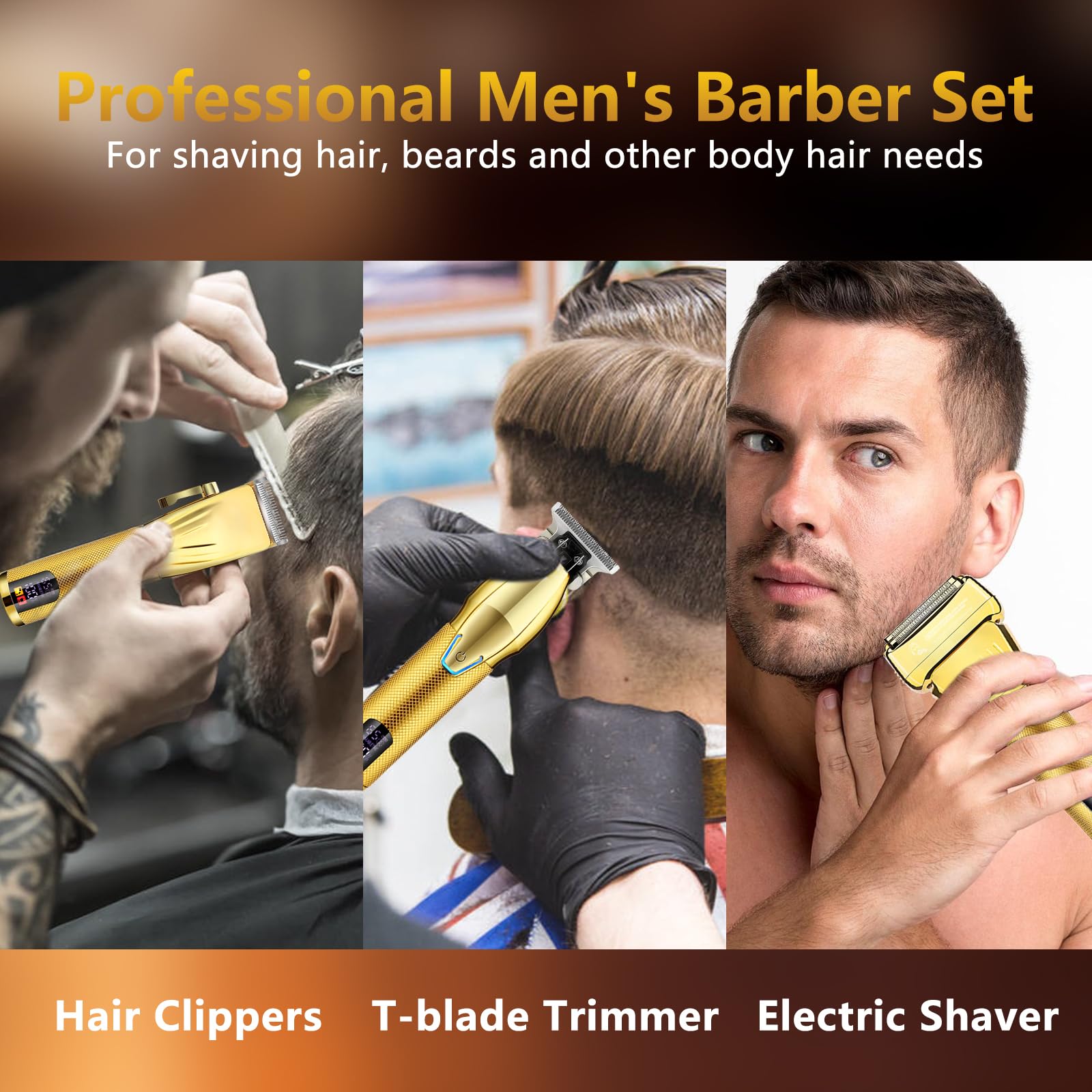 Bomxin Hair Clippers for Men Professional，Clippers and T-Blade Trimmers Set，Electric Razor Shavers Hair Trimmer Kit，Hair Cutting Machine，LCD Display,Best Presents(Gold)