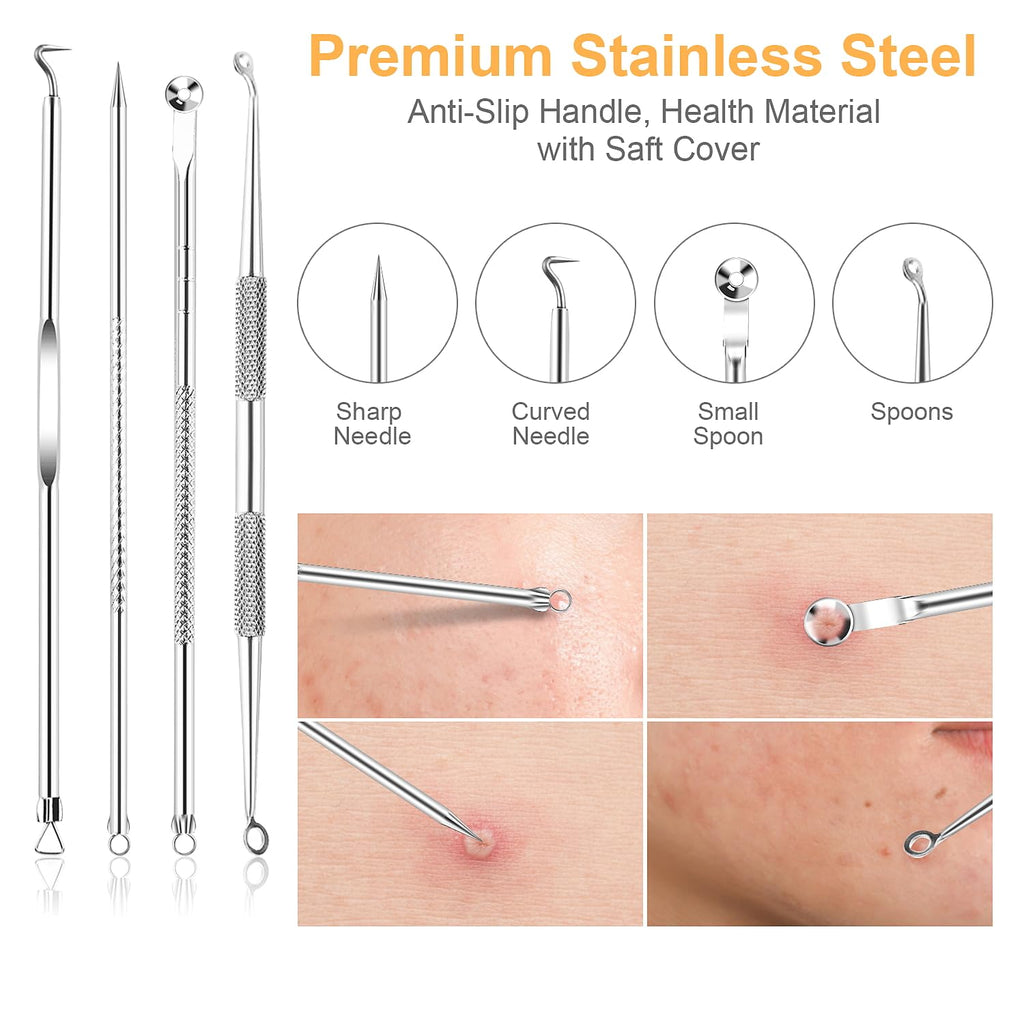 UUBAAR 9PCS Blackhead Remover Tools, Pimple Popper Tool Kit with 2 Tweezers, 304 Stainless Steel Comedone Extractor, 16 Precision Heads Face Nose Acne Zit Removal, Home Esthetician Use & Leather Case