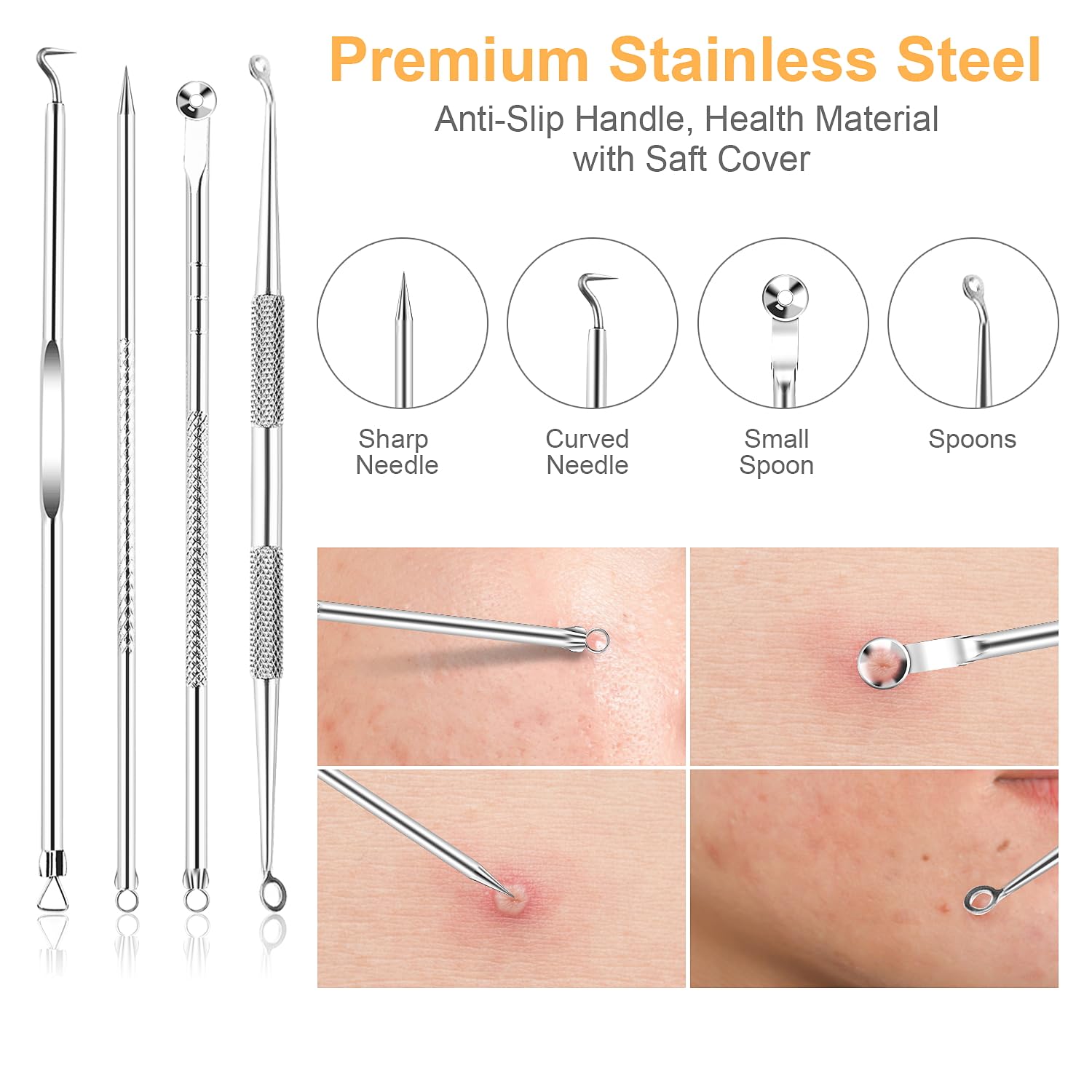 UUBAAR 9PCS Blackhead Remover Tools, Pimple Popper Tool Kit with 2 Tweezers, 304 Stainless Steel Comedone Extractor, 16 Precision Heads Face Nose Acne Zit Removal, Home Esthetician Use & Leather Case