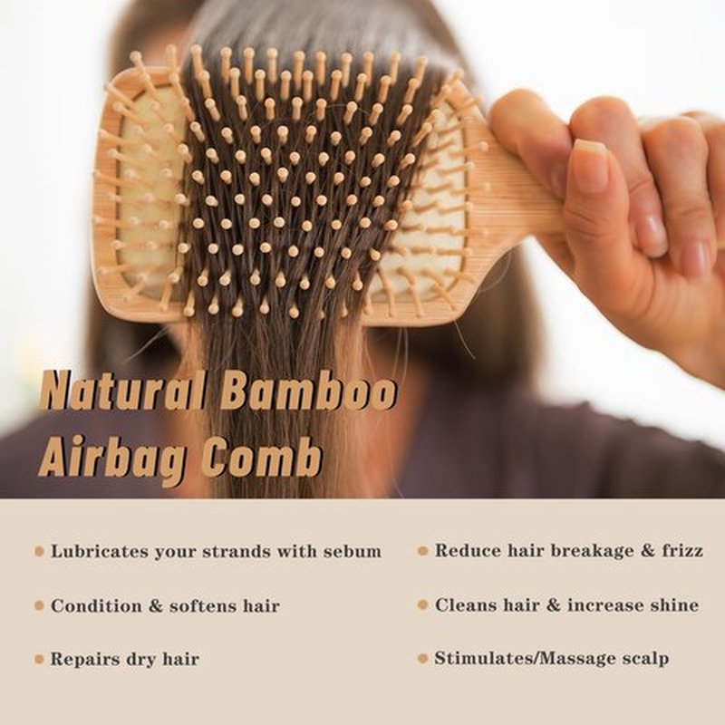 MenGate 3Pcs Bamboo Hair Brush Set for Hair Growth, Bamboo Paddle Detangling Hairbrush Board Bristles Round Brush Wooden Rat Tail Comb for Women Men and Kids Massage Scalp