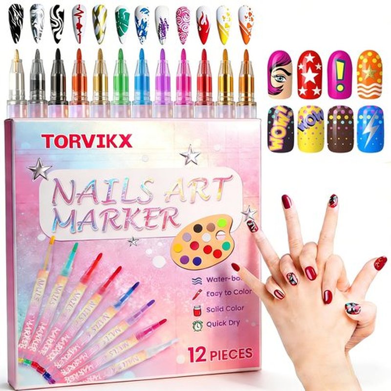 12-Color Quick-Dry Nail Art Pens. 1mm Broad Tip for Smooth DIY Designs. Perfect for Beginners & Pros. Ideal Home Salon Gift.