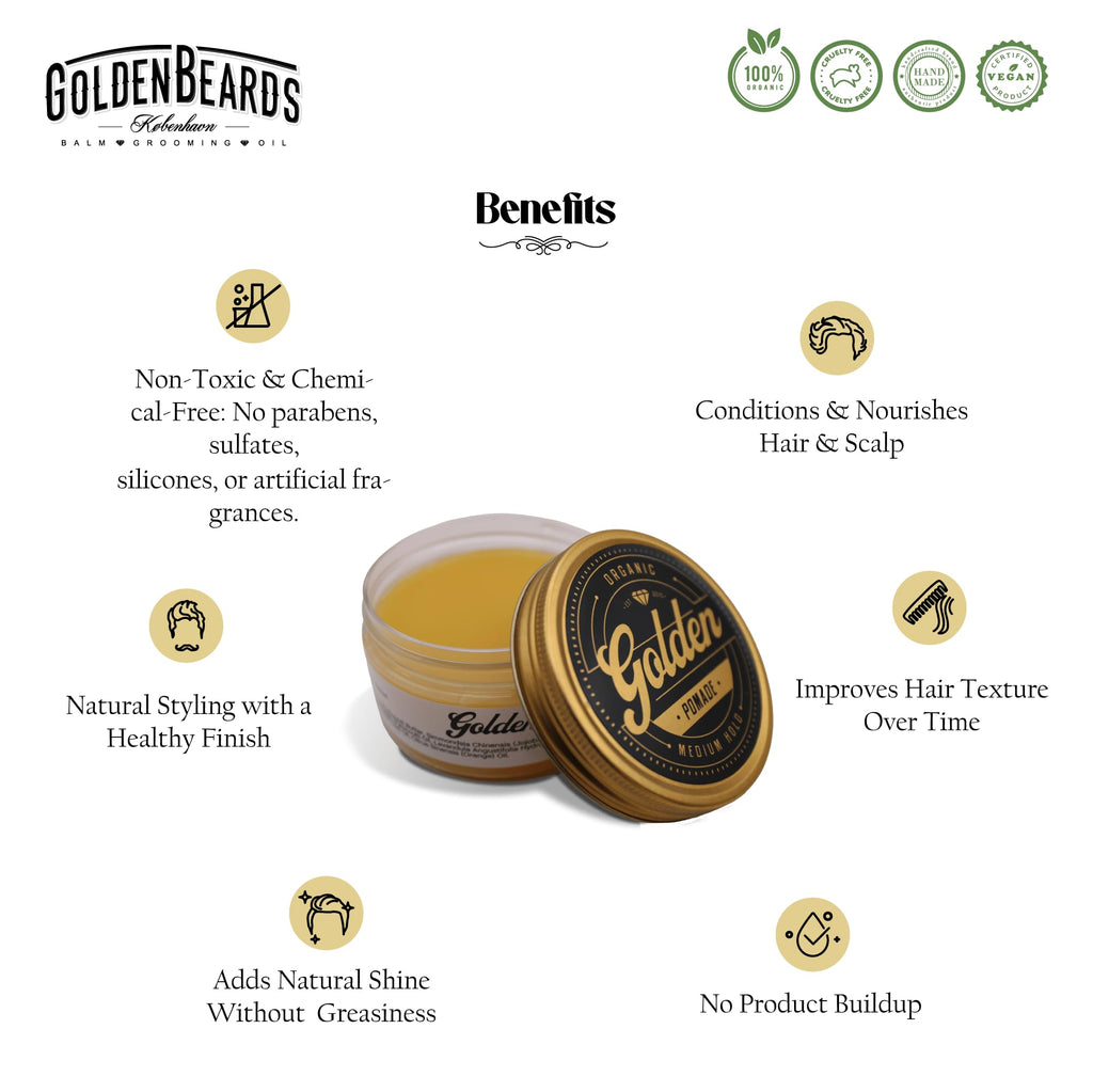 Golden Beards Organic Hair Pomade – 3.3 oz – Natural Styling Cream with Medium Hold & Matte Finish – Handmade, Vegan & Cruelty-Free Hair Grooming