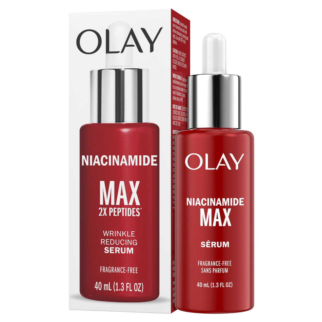 Olay Niacinamide MAX Wrinkle Reducing Serum for Women, 2x Peptides, Anti-Aging Ingredients for Smooth Skin, Made Without Parabens, Phthalates, Mineral Oil, or Synthetic Dyes, Fragrance-Free, 1.3oz