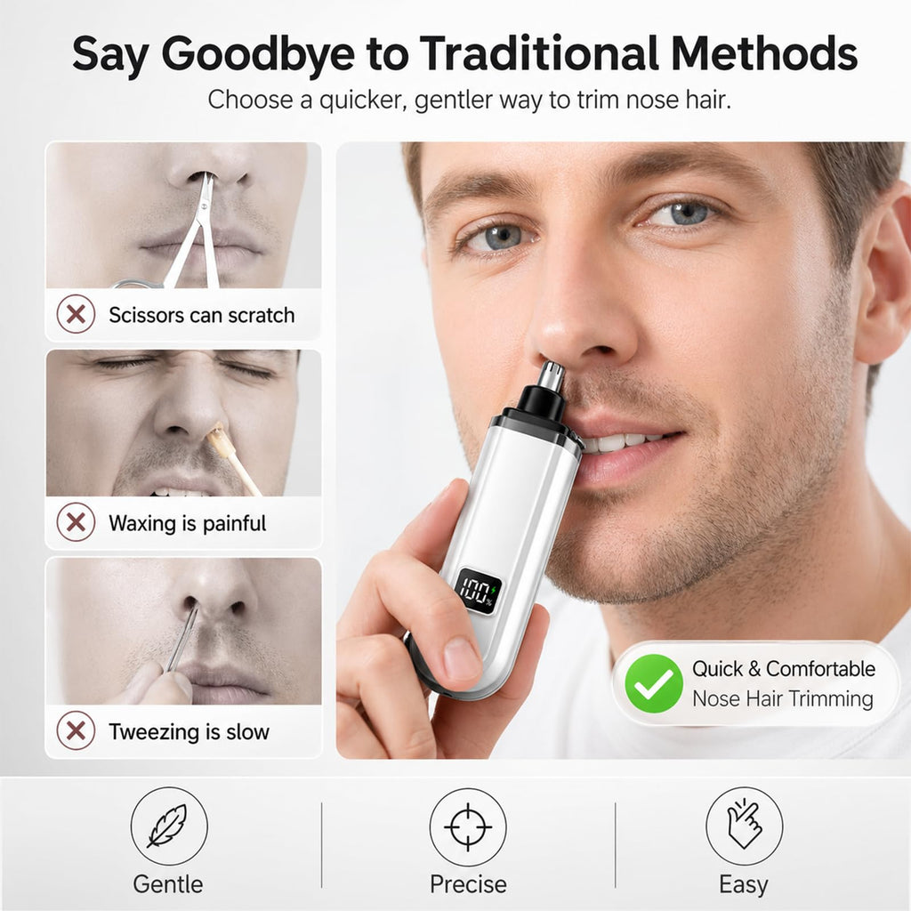 NumberGlow USB Nose and Ear Hair Trimmer for Men and Women Electric Nose Clipper with LED Power Display, Water-Resistant Dual-Edge Blades, High-Speed Motor, Gentle Grooming for Travel, White