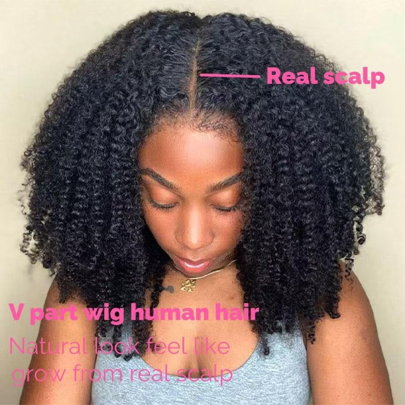 XSSXAKO V Part Wig Human Hair Kinky Curly Upgrade U Part Wig For Black Women 100% Human Hair V Shape Curly Glueless Clip In Half Wig Natural Color No Leave Out 180% Density 18inch