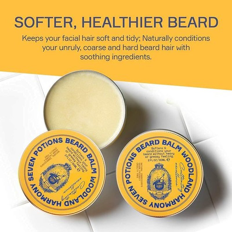 Seven Potions Beard Balm - 100% Natural Softener with Jojoba Oil for Nourished, Shiny Beards | 2 oz. Woodland Harmony