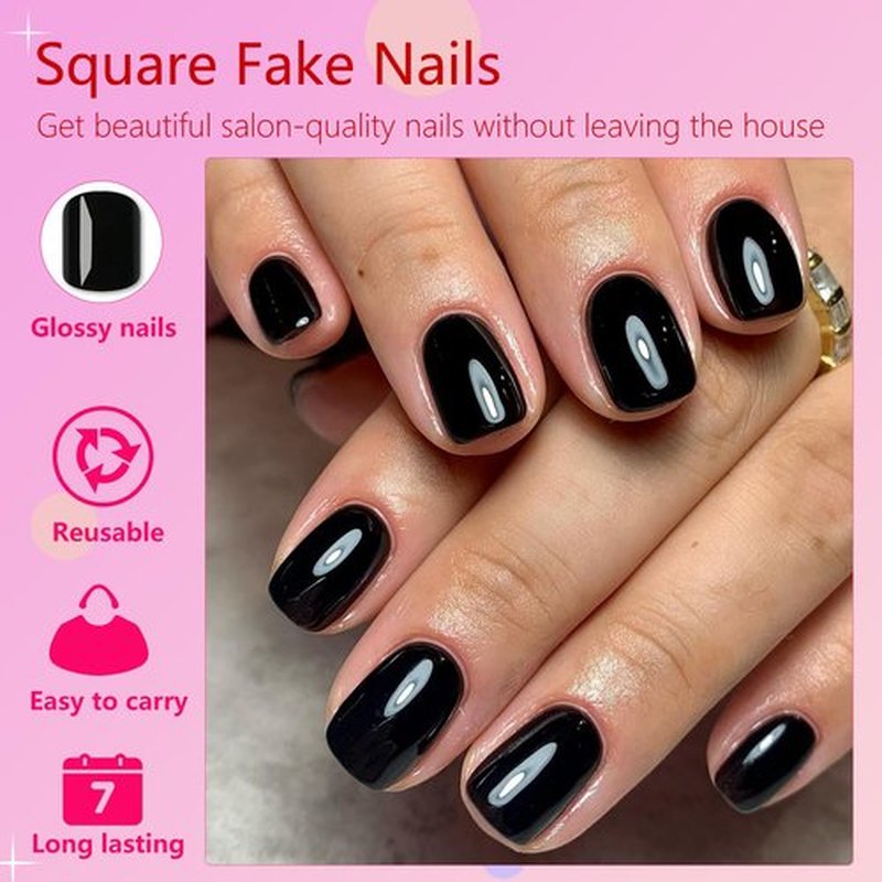 AddFavor Black Press on Nails Short Square Fake Nails, 240pc Short Nails Press ons 12 Sizes Squoval False Acrylic Nail Stick on Nails for Women